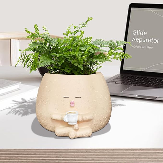 Smily Face Planter Pot with Coffee Cup Cute Resin Flower Head Planters for Indoor Outdoor Unique Sit Succulent Pots with Drainage Hole Gift IdeaI for Mother Christmas (Khaki)