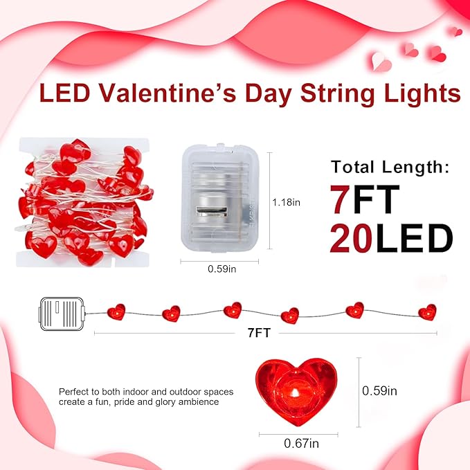 AIKEI 4 Pack Valentines LED Fairy Lights Battery Operated, Red Heart String Lights Waterproof 7 Feet 20 Led Firefly Starry Lighting for Wedding Party Bedroom Table Valentine's Day Decoration