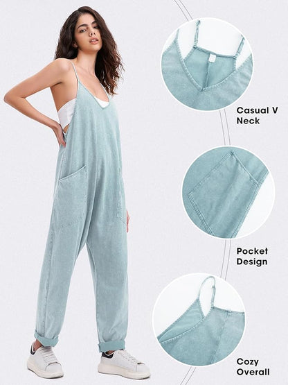 EXLURA Womens Casual Summer Jumpsuits 2026 Romper Bib Outfits Beach Vacation Denim Trendy Fashion Overalls with Pockets