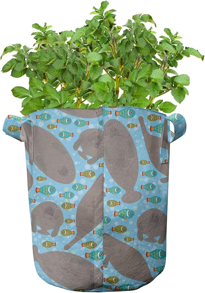 Ambesonne Manatee Grow Bags 5-Pack, Ocean Floor Themed Design, Heavyduty Fabric Pots with Handles for Plants, Grey Blue