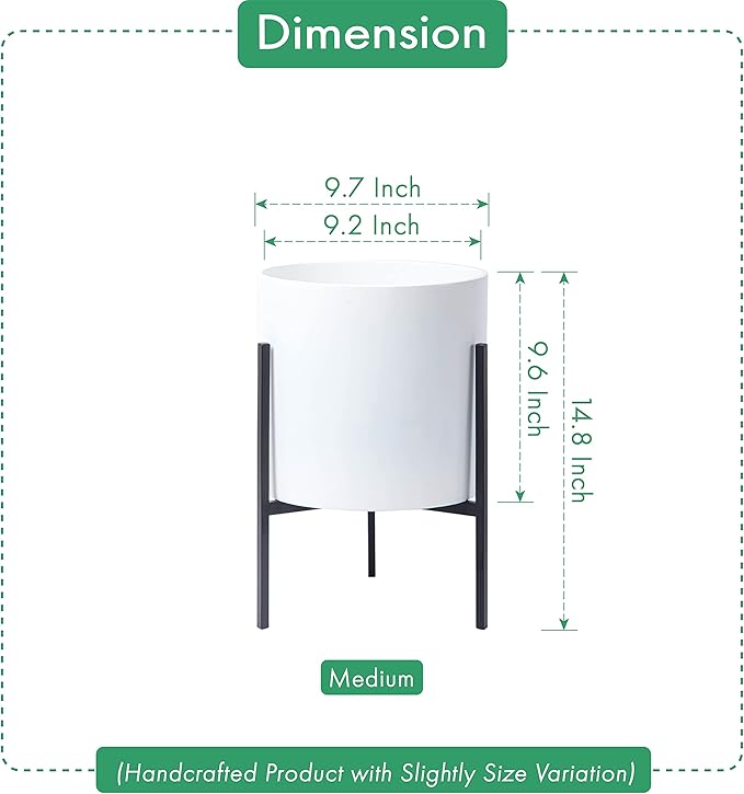 D'vine Dev Mid Century Fiberglass Resin Planter Pot with Iron Stand, 10 inch, Matte White, 96-A-1-M