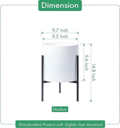 D'vine Dev Mid Century Fiberglass Resin Planter Pot with Iron Stand, 10 inch, Matte White, 96-A-1-M