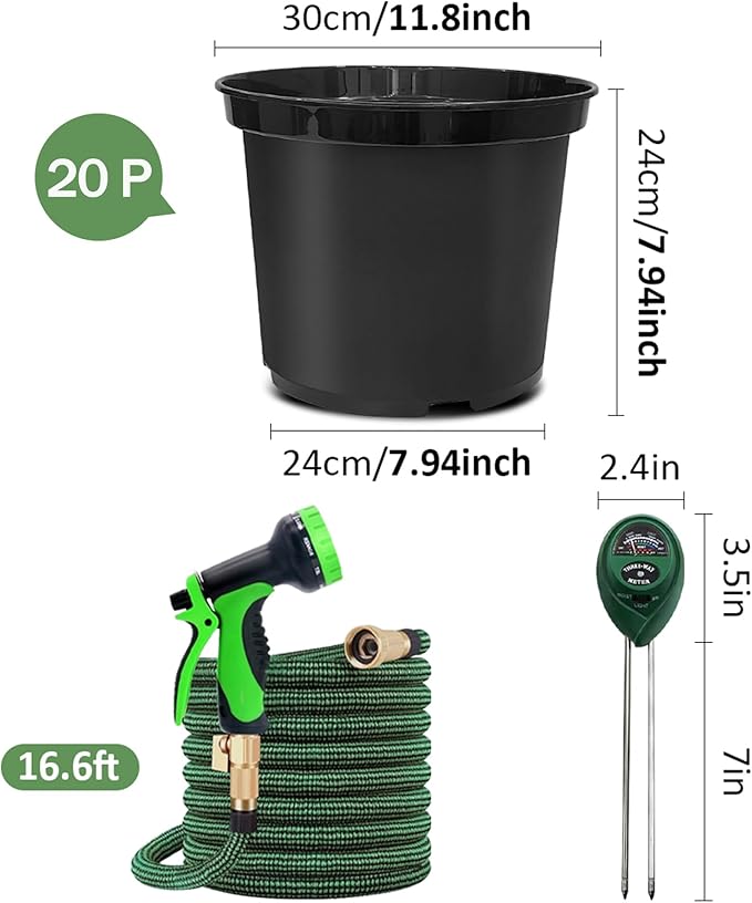 5 Gallon Nursery Pots (20-Pack) + 50ft Garden Hose with Spray Nozzle 2P + 3-in-1 Soil Tester 2P for Moisture/Light/pH | All-in-One Gardening Kit for Indoor/Outdoor Plants