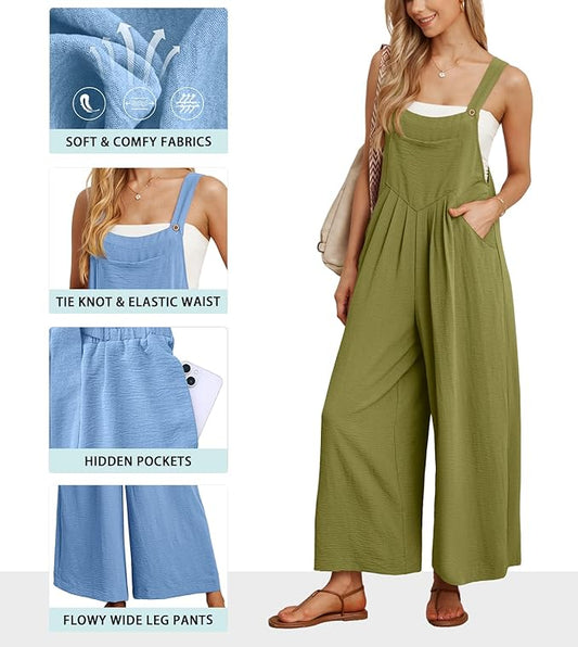 IWOLLENCE Women's Summer Jumpsuits Boho Wide Leg Overalls Casual Loose Rompers with Pockets 2025