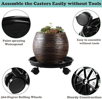 8 Packs Plant Caddy with Wheels 11.8" Plastic Rolling Plant Stands Heavy-Duty Plant Dolly with Casters Indoor and Outdoor Plant Roller Base Large Heavy Plant Pot Saucers with Wheels, Black + Brown