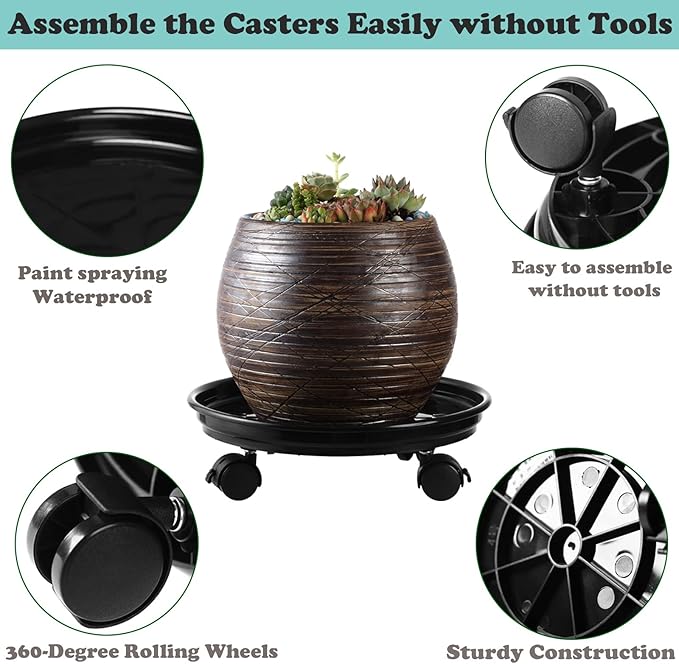 6 Packs Plant Caddy with Wheels 11.8" Plastic Rolling Plant Dolly Coasters Heavy-duty Wheeled Planter Mover Rollers Indoor Outdoor Wheeled Flower Pot Base Suacers with Casters, Black