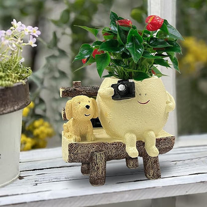 Cute Funny Resin Bench Smiley Face Plant Pot Unique Head Succulent Planter for Indoor & Outdoor Flower