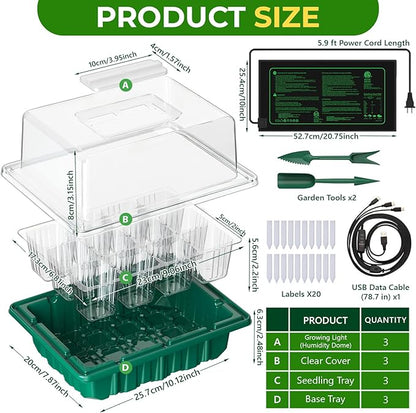 2026 Seed Starter Trays with Grow Lights and Heat Mat, 36 Extra Large Cells Plant Starting Kit, 4 Timing Set ,Humidity Domes Heightened Lids for Greenhouse Germination Seeds Growing Starting (3PACK)