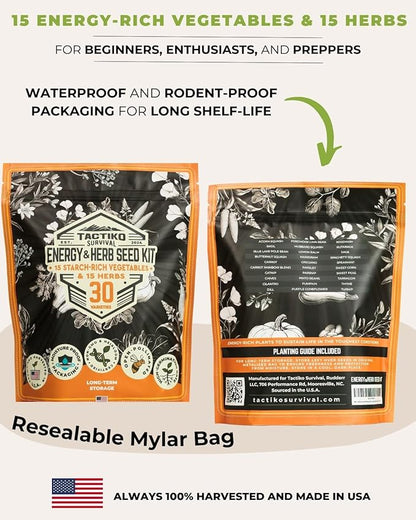 Tactiko Survival 30 Calorie-Dense Veggies & Popular Herbs - Ultimate Energy Seed Kit - USA-Grown Non-GMO Heirloom Seeds - Mylar-Bag for Long-Term Storage, Emergency Food Supply Gardening
