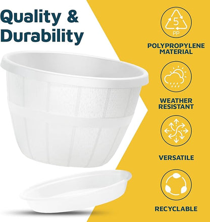 10-Inch Whiskey Barrel Planters Outdoor Pack of 2 - Durable Plastic Plant Pots for Indoor & Outdoor Use with Drainage & Saucer, Lightweight Rustic Barrel Planters for Flowers, Herbs & Small Plants