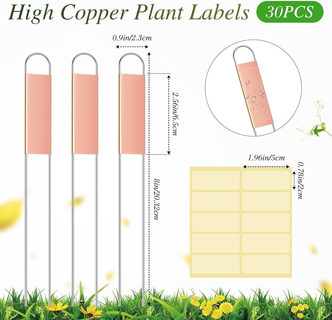 Moxweyeni 61 Pieces Metal Plant Tags Kit 30 Pieces Copper Metal Plant Labels 30 Rainproof Pet Films 1 Marker Pen Reusable Planting Garden Markers Nursery Tags (U Shape)