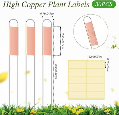 Moxweyeni 61 Pieces Metal Plant Tags Kit 30 Pieces Copper Metal Plant Labels 30 Rainproof Pet Films 1 Marker Pen Reusable Planting Garden Markers Nursery Tags (U Shape)