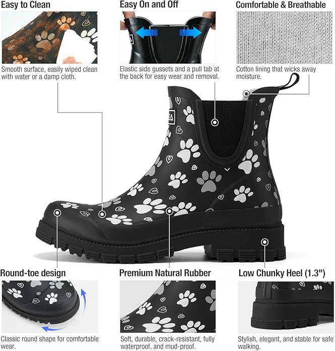 HISEA Ankle Rain Boots for Women Waterproof Chelsea Short Rubber Garden Shoes for Ladies Lightweight Fashion