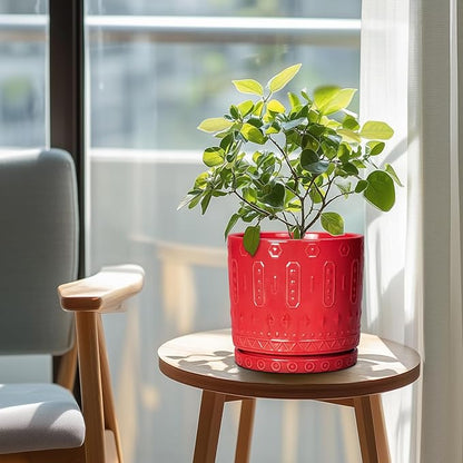 Ceramic Plant Pots, 8 Inch Plant Pots Indoor Outdoor, Round Flower Pot with Drainage Hole and Sacuer, Boho Pot for Plants, Decorative Planter, Home Room Bathroom Decor, Garden Gifts, Red