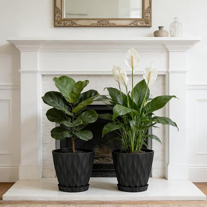 8 Inch Plant Pots, 2 Pack Plastic Planters for Indoor Outdoor with Drainage Holes & Saucers, Waffle Texture Flower Pots for Indoor Plants, Indoor Plant Pots for Monstera, Fiddle Leaf Fig, Black