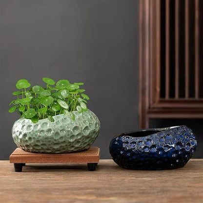 Lotus Bowl Planter, Decorative Ceramic Plant Pots with Moisture-Multifunctional Design, Succulents Orchids Indoor Plants, Thickened Round Planter for Home Desk & Shelf Decor (Blue Planet)