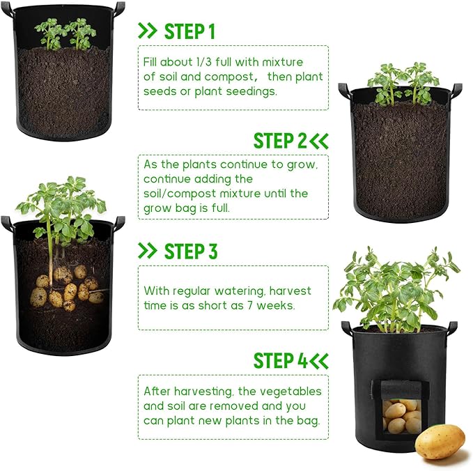 5 Pack 10 Gallon Potato Grow Bags with Flap and Handles, Heavy Duty Fabric Pots for Planting Potato, Carrots,Taro