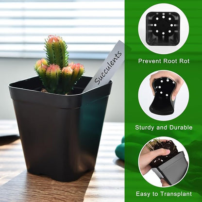 June Fox 4 Inch Nursery Pots for Plants, 5 Pcs Seed Starter Tray Kit, 60 Pcs Plastic Seedling Pots with Drain Holes, 60 Plant Labels (Black)
