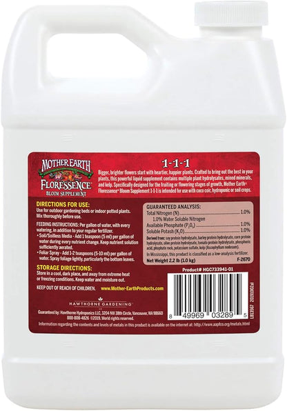 Mother Earth Floressence Bloom Supplement 1-1-1 Liquid Plant Supplement For Flowering And Fruiting Plants, Quart