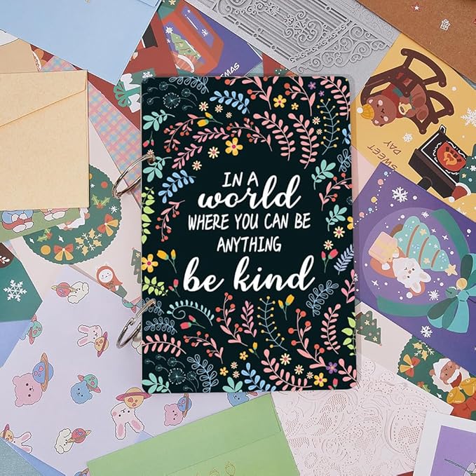 SUPERDANT Be Kind Greeting Card Holder Organizer Wooden Card Keeper Binder Planning Book Flowers Birthday Cards Keeper Photo Album Cover Graduation Wedding Planner Journal Keepsake Gifts