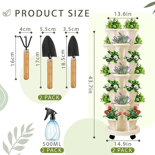 Umigy 2 Set of 7 Tier Vertical Planter Stackable Tower Planters Strawberry Herb Flower and Vegetable Pots Indoor Outdoor Gardening Pots with Removable Wheels and Tools(Beige)