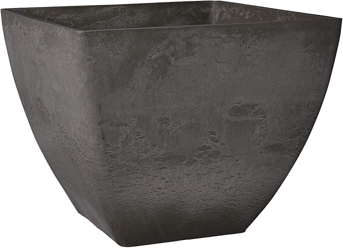 PSW Pot Collection 16x13 inch Plastic/Stone/Wood Composite Square Planter – No Drainage Hole (Drillable), Modern Indoor/Outer Pot for Flowers, Foliage, Succulents, Fairy Gardens, Dark Charcoal