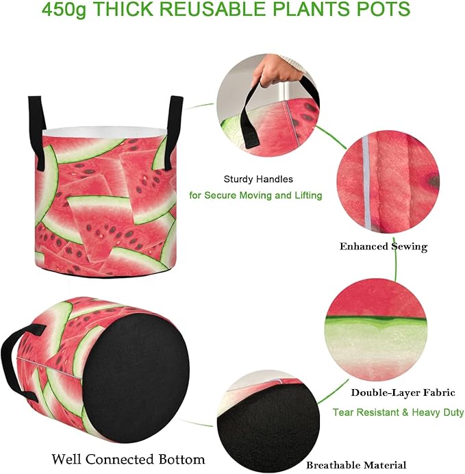 10 Gallon Summer Fresh Red Watermelon Breathable Grow Bag Heavy Duty Thickened Plant Pot Containers with Handles for Tomato Potato Fruits Vegetables Flowers
