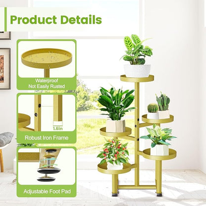 5 Tier Gold Plant Stand Indoor Outdoor, Corner Metal Tiered Plant Shelf for Multiple Plants, Flower Pot Holder Display Rack Shelf for Window Porch Garden Home Decor