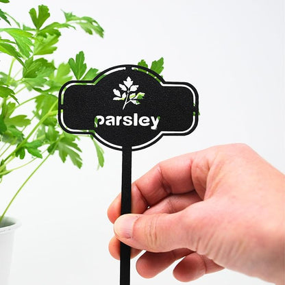 6 Piece Set Laser Cut Metal Garden Markers - Reusable Steel Tags for Potted Plants, Garden & Greenhouse. Durable Label for Kitchen Herbs & Spices