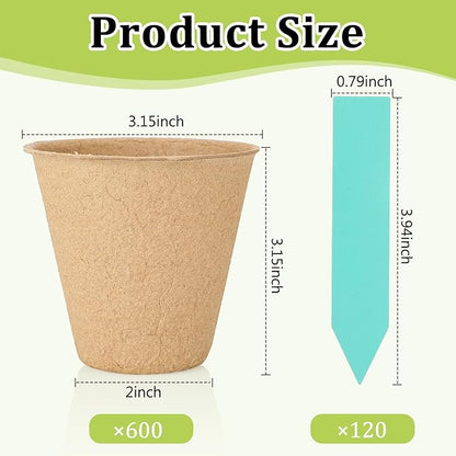 600 Pack 3.15 Inches Peat Pots Round Biodegrade Plant Starter Seed Nursery Pots with 120 Pcs Labels for Garden Germination (Classic Style)
