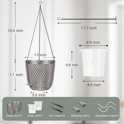 QCQHDU Self Watering Hanging Pots, 2 Pack 7.2 Inch Hanging Planters for Plants Indoor, Outdoor Flower Pots with Drainage Holes and 3 Hooks Chains for Garden Home (Gray)