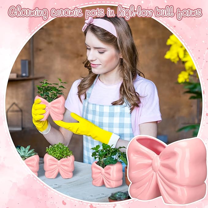 2 Pcs Coquette Bow Succulent Pots with Drainage Pink Bowtie Ceramic Planter Pots Plants Holder Bowtie Shaped Cactus Flower Container for Home and Office Desk Display Coquette Party Decoration