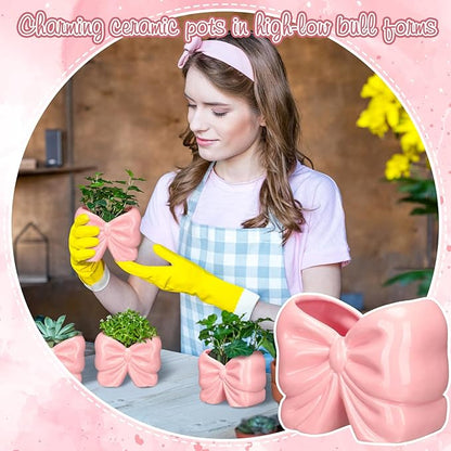 2 Pcs Coquette Bow Succulent Pots with Drainage Pink Bowtie Ceramic Planter Pots Plants Holder Bowtie Shaped Cactus Flower Container for Home and Office Desk Display Coquette Party Decoration