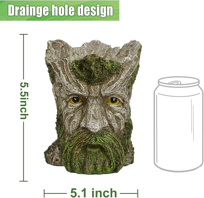 Face Planter - Unique Old Man Tree Face Planters for Outdoor Indoor Plants with Drainage Hole, Funny Plant Pots for Succulents - Creative Flower Pots as Gifts for Women and Men (Green Man)