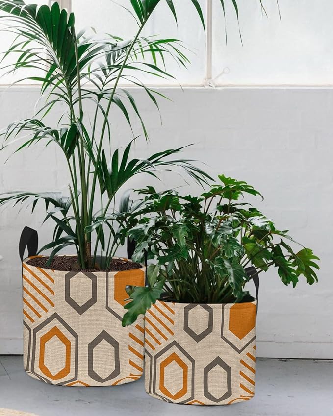 10 Gallon Grow Bags Vintage Geometric Orange and Grey Stripe - Thickened Garden Planting Bag with Handles,Hexagon Art on Retro Burlap Felt Fabric Planter Pots for Vegetables Potato Tomato