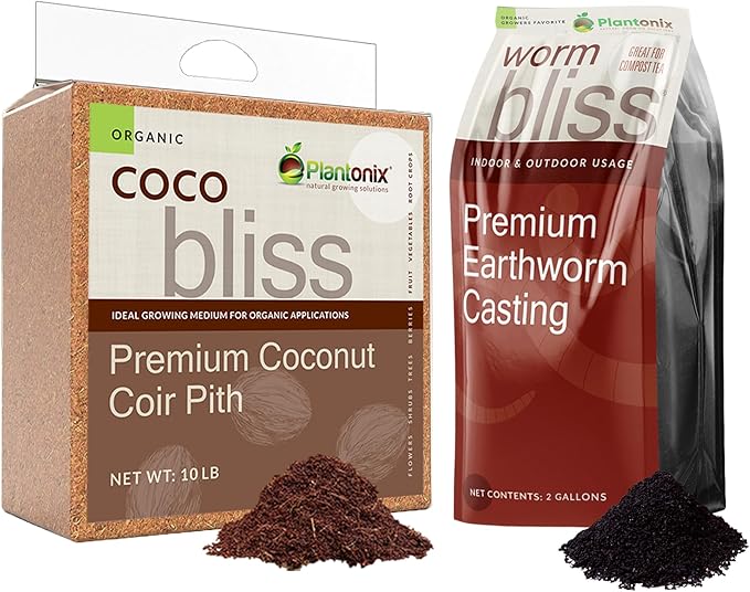 Coco Bliss (10lbs) + Worm Bliss (2 Gallons) - Coco Coir Brick & Organic Worm Castings for Plants - Coco Coir for Plants - Earthworm Castings Worm Fertilizer - Organic Garden Soil & Potting Soil Mix