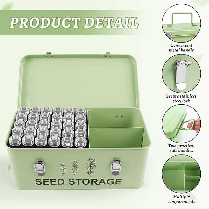60 Slots Seed Storage Organizer, Metal Seed Saving Box with Lid and Safety Locks, Seed Bin Seed Storage Container with 20 Seed Envelopes and 20 Labels, 3 Compartments, Perfect for Flower Plants Garden