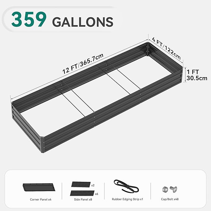 YITAHOME 144x48x12 in Galvanized Raised Garden Bed Kit, Large Metal Planter Box with Gloves, Black