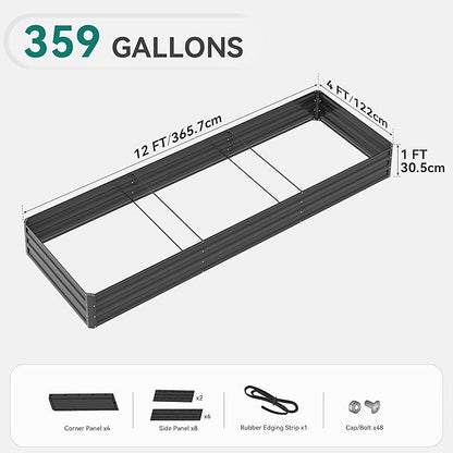 DWVO 2pcs 12 x 4 x 1 FT Raised Garden Bed Kit, Outdoor Galvanized Flower Bed with Safety Rubber and Gloves, Large Metal Planter Box for Vegetables, Flowers, Herbs, Fruits, Black