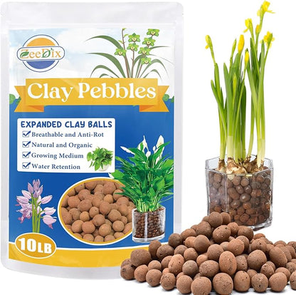 ZeeDix 10LBS Lightweight Expanded Clay Pebbles - pH-Balanced Hydroponic Growing Media for Aquaponics & Indoor Plants (Reusable Soilless Aggregate)