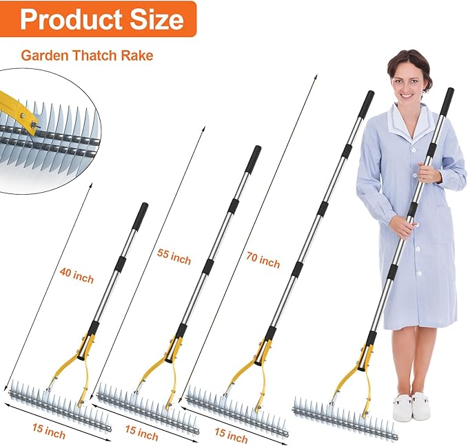 TOOVEM Thatch Rake, 15-inch Lawn Thatching Rake with Heavy Duty Steel Tines & Ergonomic Handle, 70-Inch Professional Dethatching Rakes for Effective Lawn Care, Garden & Yard Tool