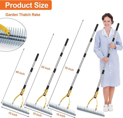 TOOVEM Thatch Rake, 15-inch Lawn Thatching Rake with Heavy Duty Steel Tines & Ergonomic Handle, 70-Inch Professional Dethatching Rakes for Effective Lawn Care, Garden & Yard Tool