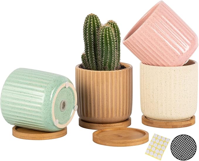 TAMAYKIM 4 Inch Cylinder Ceramic Boho Plant Pots with Drainage Hole and Saucer, Glazed Vertical Pattern Multicolor Flower Pots for Succulent, Snake Plant, Cactus & Herbs, Set of 4 (Plant Not Included)