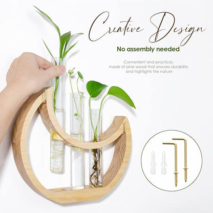 Plant Propagation stations, Crescent Moon Table Terrarium Stand for Indoor houseplants, Wooden Wall Boho Hanging Planter Vase with Glass Test Tube for Office Decor Aesthetic, Gift for Women Mom