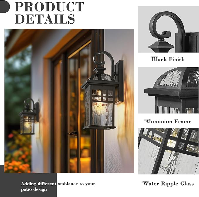 Emliviar Farmhouse 15 Inch Patio Wall Light Fixture, 1-Light Outdoor Wall Light with Water Ripple Glass, Black Finish, DE281B BK-WP