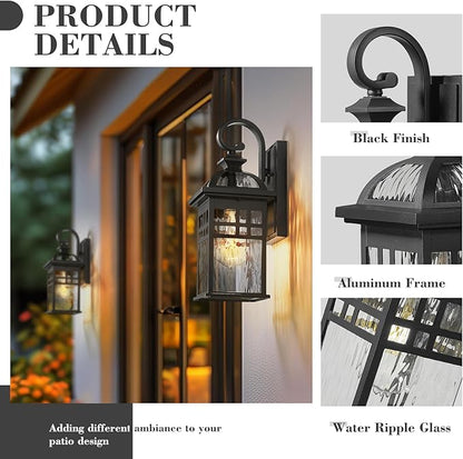 Emliviar 2 Pack Outdoor Wall Lanterns, 15" Modern Wall Mount Lamps for House, Black Finish with Water Ripple Glass, DE281B-2PK BK-WP