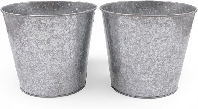 Hosley Set of 2 Galvanized Bucket/Pots with PVC Liner, 6.5" Dia x 6" H Ideal Gift for Floral Arrangements Wedding Home Office Party DIY Indoor Outdoor Garden Patio