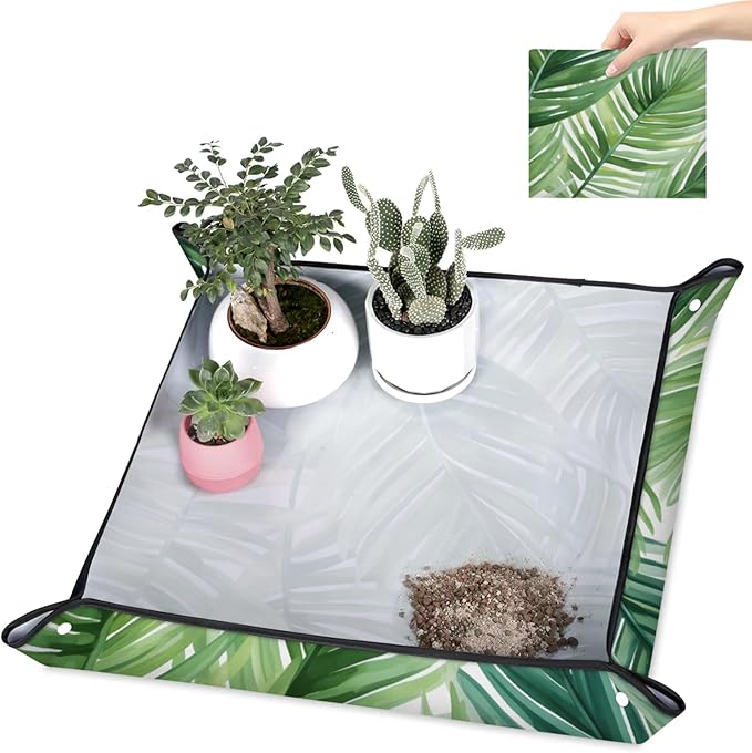 Pardick Repotting Mat for Indoor Plant 19.7"x19.7" Tropical Leaves Soil Change Mat Waterproof Planting Tray Foldable Succulent Potting Mat Gardening Gifts for Women Men Plant Lovers