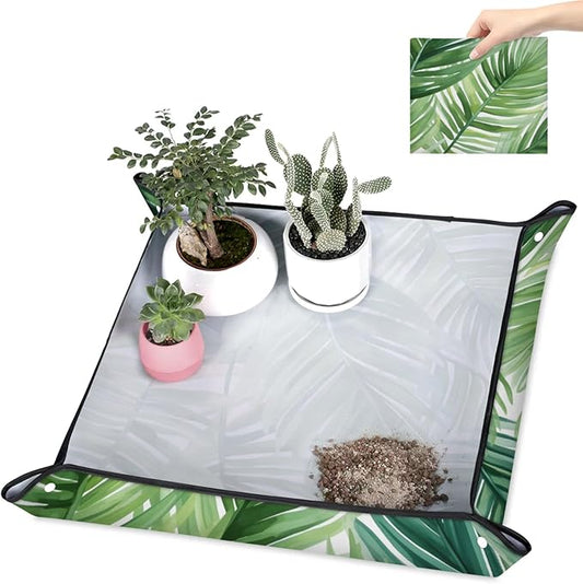 Pardick Repotting Mat for Indoor Plant 19.7"x19.7" Tropical Leaves Soil Change Mat Waterproof Planting Tray Foldable Succulent Potting Mat Gardening Gifts for Women Men Plant Lovers
