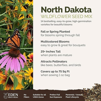 Eden Brothers North Dakota Wildflower Mixed Seeds for Planting, 1 oz, 30,000+ Seeds with Calendula, Sunflower | Attracts Pollinators, Plant in Spring or Fall, Zones